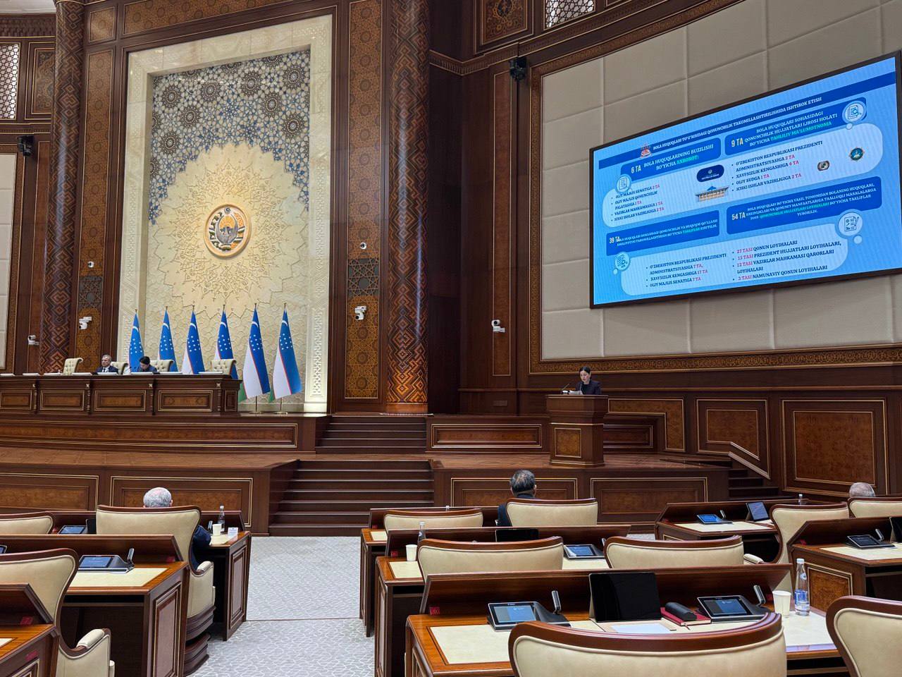 Oliy Majlis Senatining navbatdagi yalpi majlisida Bola huquqlari bo‘yicha vakilning bola huquqlari to‘g‘risidagi qonunchilikka davlat organlari tomonidan rioya etilishi haqidagi ma’ruzasidan lavhalar